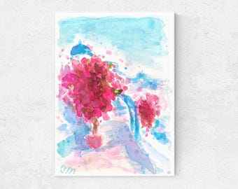 Santorini Bougainvillea Watercolor Print: Greek Island Art (Digital Download)