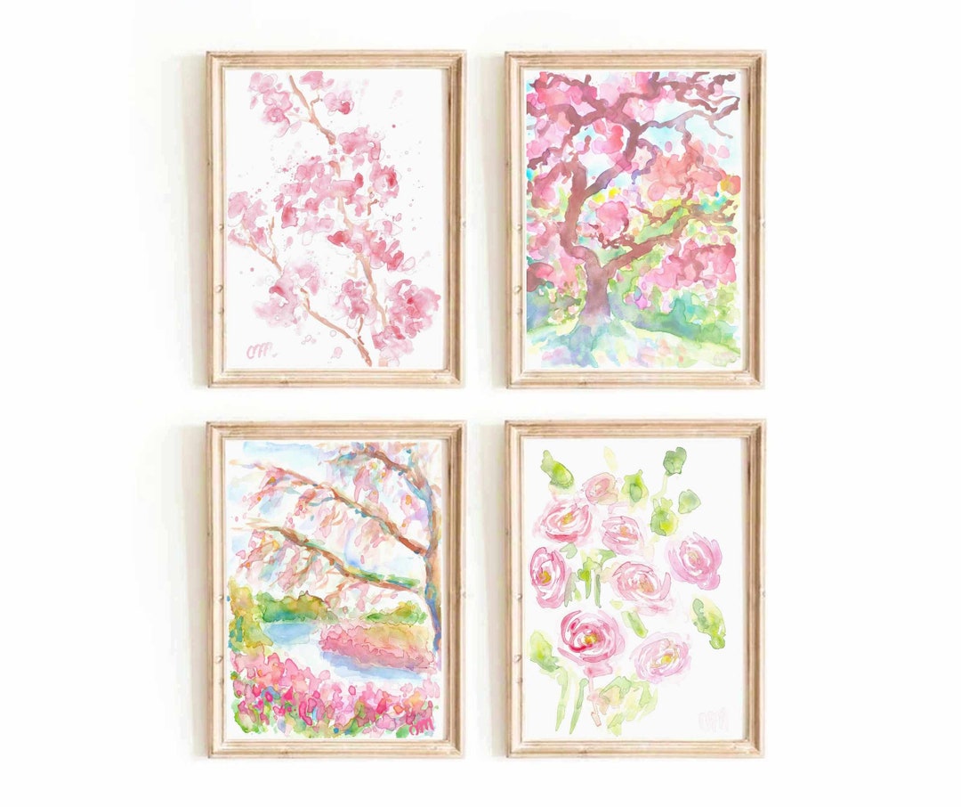 Pastel Pink Floral Watercolor Print Set, Girly Flower Wall Art (digital ...