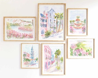 Pastel Pink Set Of 6 Charleston South Carolina Watercolor Print 6 Piece Rainbow Row Street Printable Wall Art Church Street Instant Download