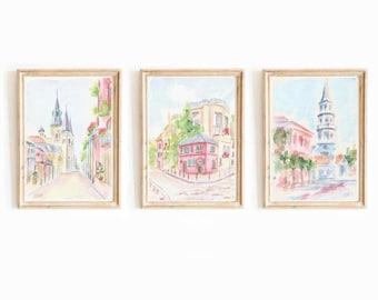 Set Of 3 Pastel Pink Eclectic Preppy Travel Watercolor Print Trendy Girly Paris Printable Art Charleston Instant Download New Orleans Print