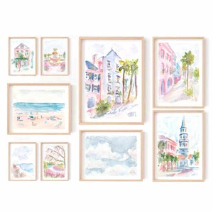 Set of 9 Charleston South Carolina Pastel Blue Pink Preppy Watercolor Print Rainbow Row Printable Art Church Street Coastal Instant Download
