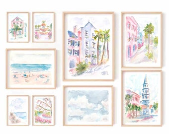Set of 9 Charleston South Carolina Pastel Blue Pink Watercolor Print Rainbow Row Printable Wall Art Church Street Coastal Instant Download
