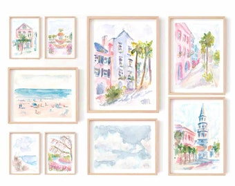 Preppy Charleston Watercolor Print Set: Rainbow Row, Church Street Wall Art (Digital Download)