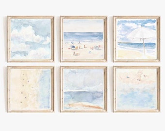 Pastel Blue Set Of 6 Summer Beach Neutral Watercolor Prints 6 Piece Hawaii Island Printable Wall Art Ocean Coast Print Instant Download