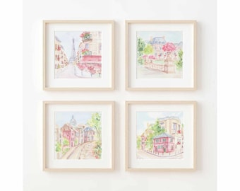 Pastel Pink Paris Watercolor Print Set: Eiffel Tower, Parisian Cafe Wall Art (Digital Download)