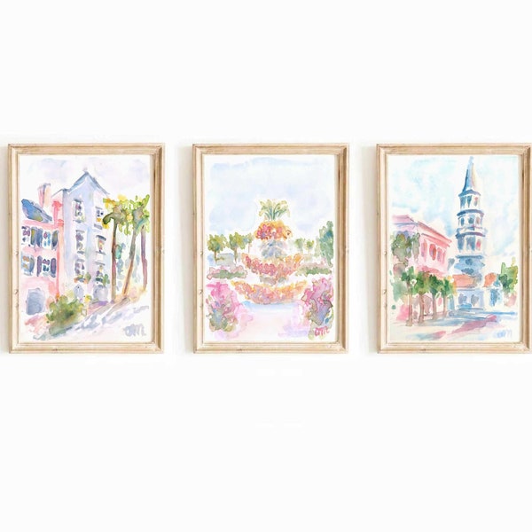 Pastel Pink Set Of 3 Charleston South Carolina Watercolor Print Rainbow Row Printable Art Church Street Pineapple Fountain Instant Download