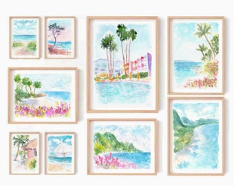 Colorful Coastal Beach Set Of 9 Watercolor Prints Palm Springs California Printable Wall Art Hawaii Tropical Seascape Instant Download