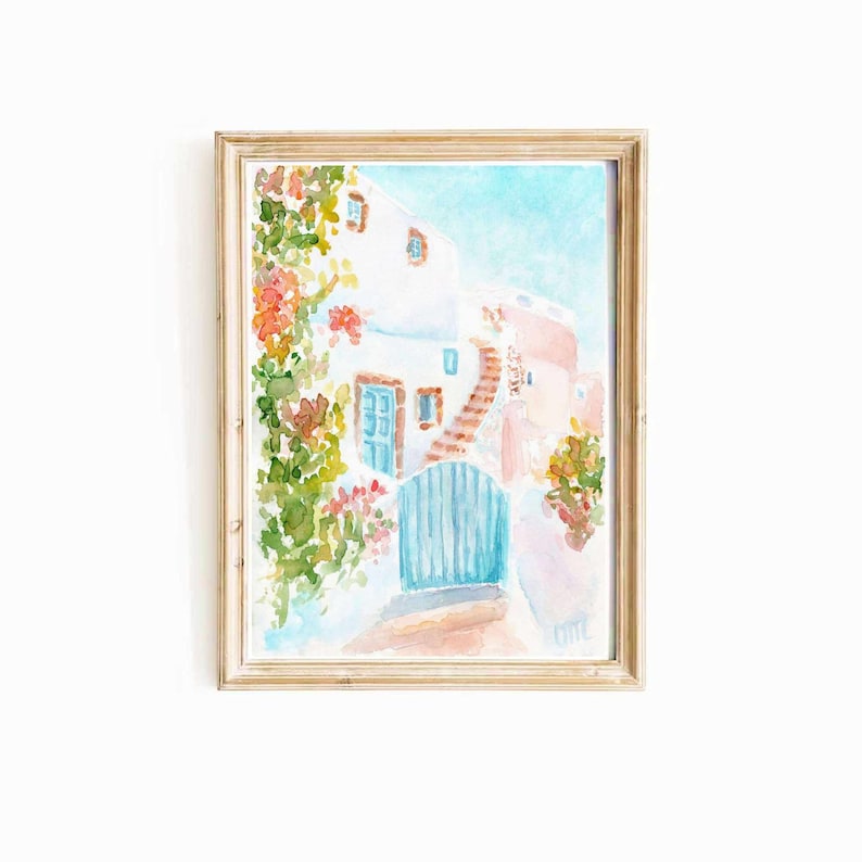 May include: Watercolor painting of a white building with a blue door and a brick staircase. The building is surrounded by green foliage and pink flowers.