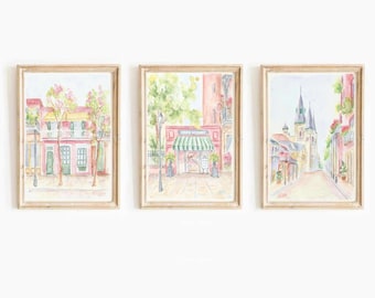 Conjunto de láminas de acuarela en tonos rosa pastel de Nueva Orleans: Arte del Barrio Francés (Descarga digital)