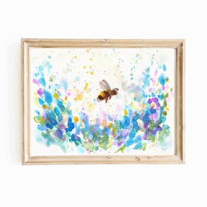 Honey Bee Watercolor Print: Blue Wildflower Painting (Digital Download)