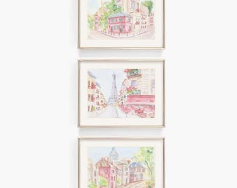 Pastel Pink Preppy Paris Watercolor Print Set, Girly Paris Wall Art (Digital Download)