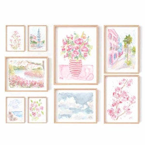 Pastel Pink Eclectic Floral Set Of 9 Watercolor Prints 9 Piece Pastel Pink Gallery Wall Set Printable Wall Art Pink Flower Instant Download