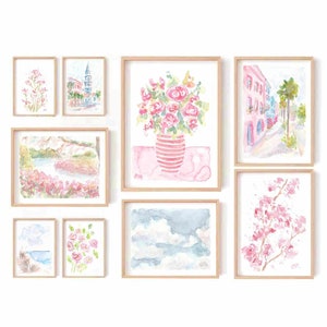 Pastel Pink Eclectic Floral Set Of 9 Watercolor Print 9 Piece Girly Pink Gallery Wall Set Preppy Printable Wall Art Flower Instant Download