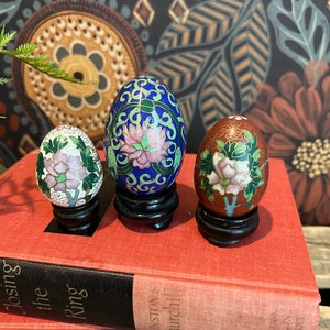 Three Vintage Cloisonné Enamel Flower Hand Painted Egg SET