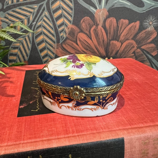 Vintage Limoges Blue Flower Egg Trinket Box
