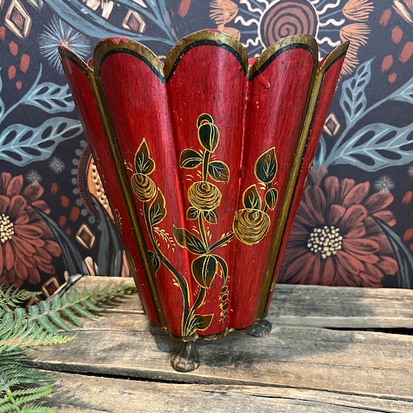 Vintage Floral Tole Metal Hand Painted Scalloped Trash Can