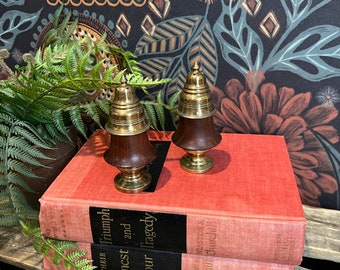 Vintage Pair Brass/Wood Salt/Pepper Shaker Set