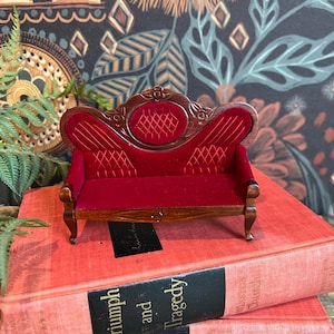 Victorian Red Velvet Antique Couch/Vintage/Miniature