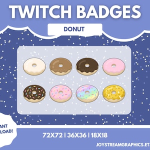 Yummy Donut Sub Badges, Bit Badges - Twitch/Discord - Set of 8