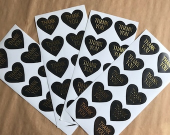 150 Heart Shaped Thank You Stickers On Glossy Black Paper With Gold Lettering