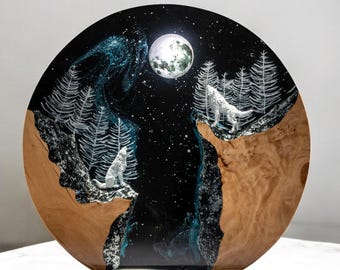 手作り樹脂ムーンライトウルフ - エポキシウッドアート装飾、魅惑的な夜の森のアートワーク、自然愛好家へのユニークなギフト、クリスマスギフト