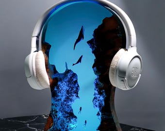 Lámpara de resina oceánica hecha a mano con soporte para auriculares, luz LED nocturna única, decoración de escritorio, escultura artística de epoxi, regalo para amantes de la música y el mar.