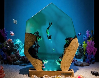 Epoxy resin wood lamp, Humpback whale and turtle night light, Scuba diving night light, Resin Wood Free Diving Epoxy Lamp Art Christmas Gift