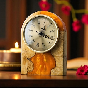 Custom Resin & Wood Desk Clock with Roman Numerals – Personalized Office Decor, Handmade Mantel Clock, Unique Gift for Him or Her