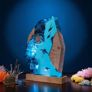Epoxy resin wood lamp, Humpback whale and turtle night light, Scuba diving night light, Resin Wood Free Diving Epoxy Lamp Art Christmas Gift