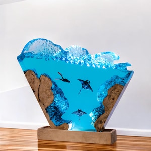 Lamp duiker oceaanhars, straallamp harshout, aangepaste hars epoxylamp, blauwe oceaanlamp, bedlamp, jubileumcadeau, verjaardagscadeau