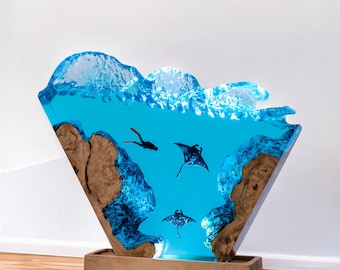 Lampa Scuba Diver Ocean Resin, Lampa Ray Resin Wood, Lampa z żywicy epoksydowej na zamówienie, Lampa Blue Ocean, Lampka nocna, Prezent rocznicowy, Prezent świąteczny