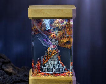 Handmade Resin Dark Tower Lamp – Fantasy Epoxy Diorama Night Light, Custom Resin and Wood Desk Lamp, Unique Room Decor, Christmas Gift