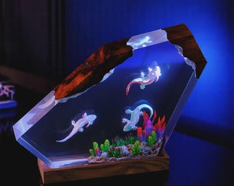 Axolotl hars epoxy lamp nachtlampje, op maat gemaakt handgemaakt aquarium decor slaapkamer, cadeau voor kinderen hars unieke tafellamp cadeau voor haar zomercadeau