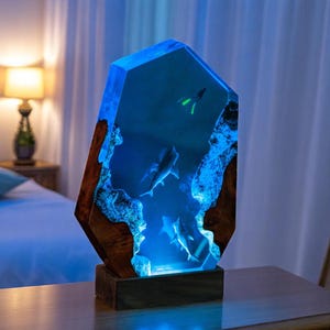 Lamp scuba diver ocean resin, Shark lamp resin, custom resin epoxy lamp, blue ocean lamp, art deco diorama lamp, handmade Christmas Gift