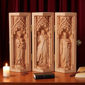 Tríptico católico de la Sagrada Familia de la Virgen María Jesucristo San José Altar portátil Artesanía católica de madera Regalos religiosos Decoración del hogar