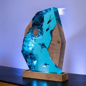 Lamp scuba diver ocean resin, Ray lamp resin wood, custom resin epoxy lamp, blue ocean lamp, bedside lamp, anniversary gift,  Christmas Gift