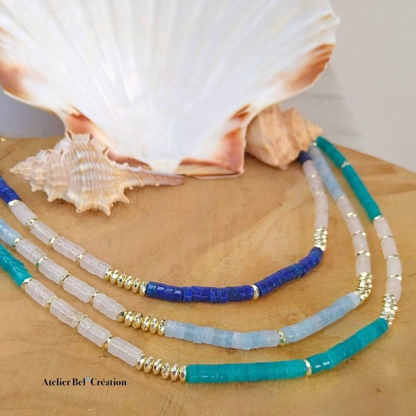 Collier heishi perles naturelles « Collection 50 Shapes of blue » | Lapis Lazuli, Aigue Marine, Amazonite, style surfer