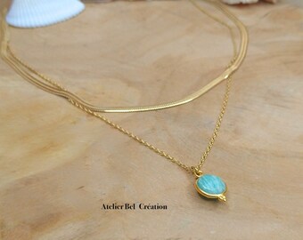 Layered necklace with natural stone pendant, golden stainless steel