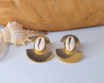 Earrings cowrie shell | golden stainless steel, stud earrings, natural shell