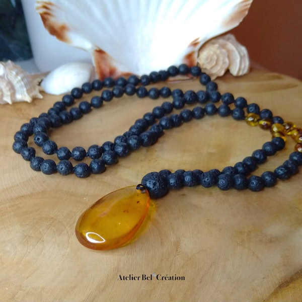 Collier perles de Lave noires et son pendentif en pierre Ambre naturelle polie collier Style Mala 108 Perles 6mm, long collier homme
