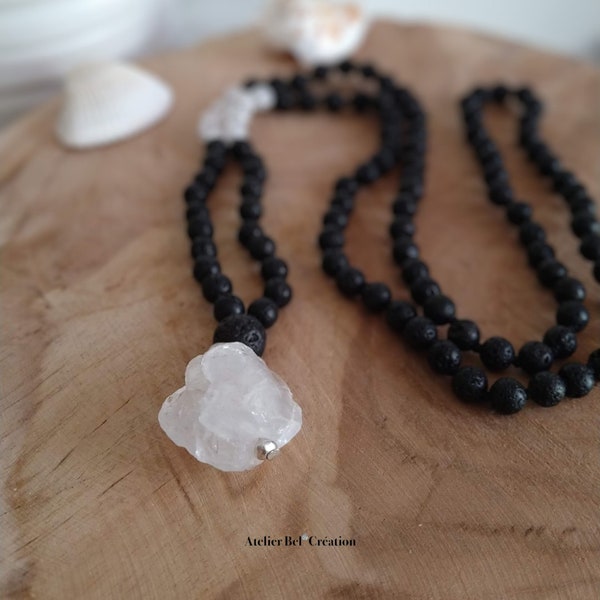 Collier homme Cristal de Roche, perles de Lave noires et pendentif pierre brute en Quartz clair, long collier noué Style Mala 108 Perles 6mm