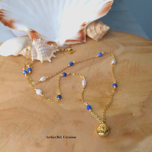 Collier perles et coquillage « Collection Sun, Shine, Shell » | Acier inoxydable doré, pierres naturelles Lapis Lazuli, Perles de culture