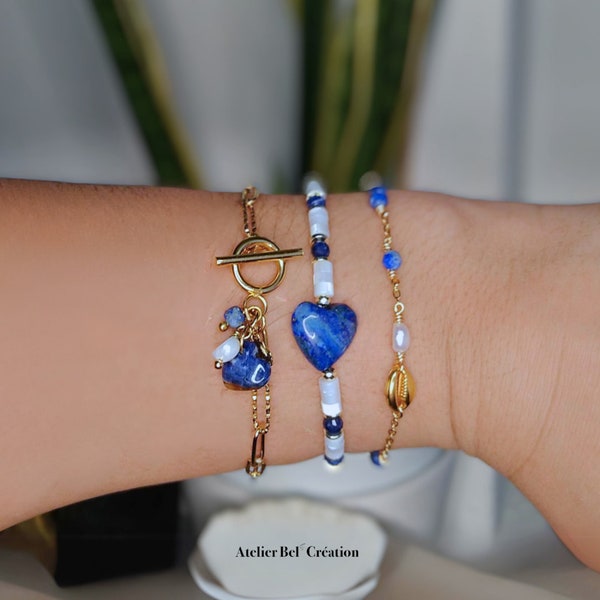 Bracelets Pierre bleue « Blue Heart » | Pierres naturelles Lapis Lazuli, Sodalite, Nacre, bracelet toggle, acier inoxydable doré