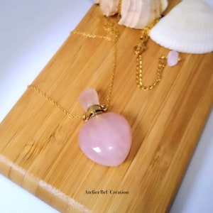 Heart flask Necklace | Rose Quartz natural stone, golden chain