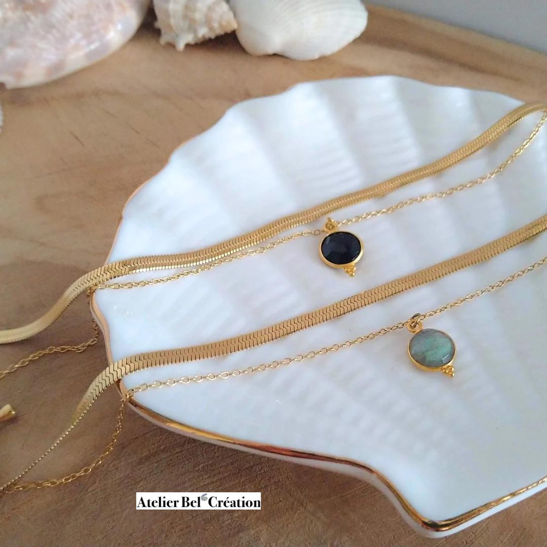 Layered necklace with natural stone pendant, golden stainless steel