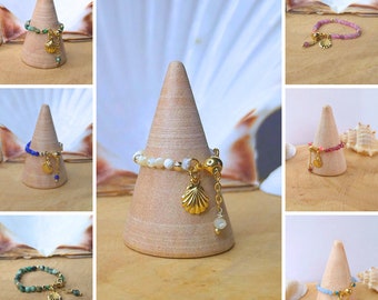 Adjustable natural stones ring - chain extension, gold plated chain, shell charm ring