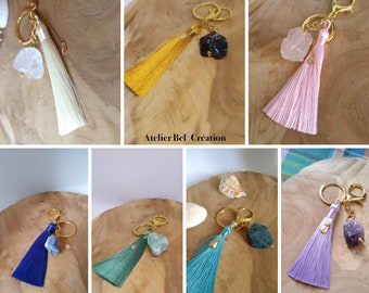Raw Cristal Keychain, healing crystals, gemstone keyring, golden, gemstone bag charms, gift for her, Pompom accessory, silk tassel keychain