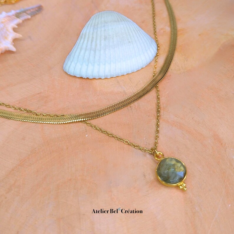 Collier multirang, collier plat serpentine et collier pendentif pierre naturelle Labradorite, chaînes acier inoxydable dorées