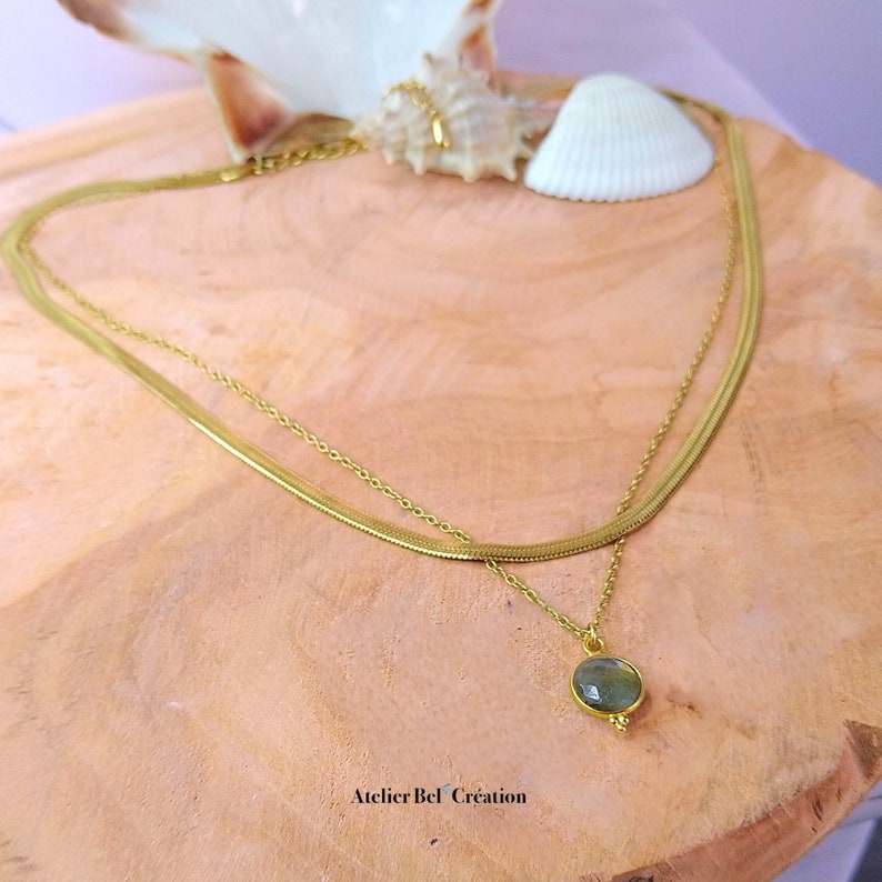 Collier multirang, collier plat serpentine et collier pendentif pierre naturelle Labradorite, chaînes acier inoxydable dorées