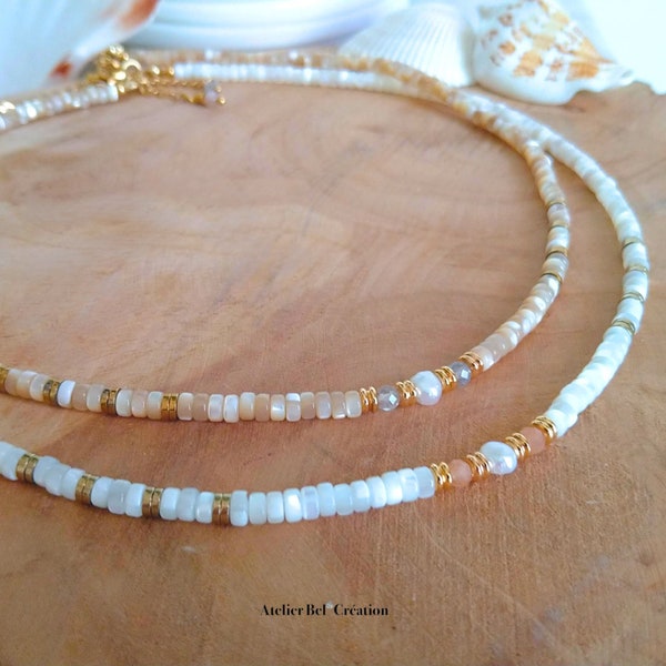 Collier nacre heishi « Sea » | perles naturelles Labradorite, Rhodochrosite